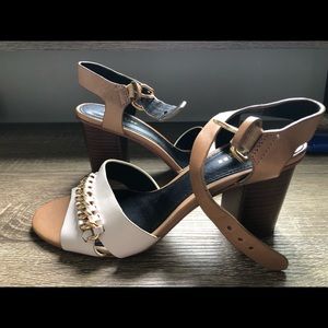 Tan Coach phoebe chain link block heels 5.5